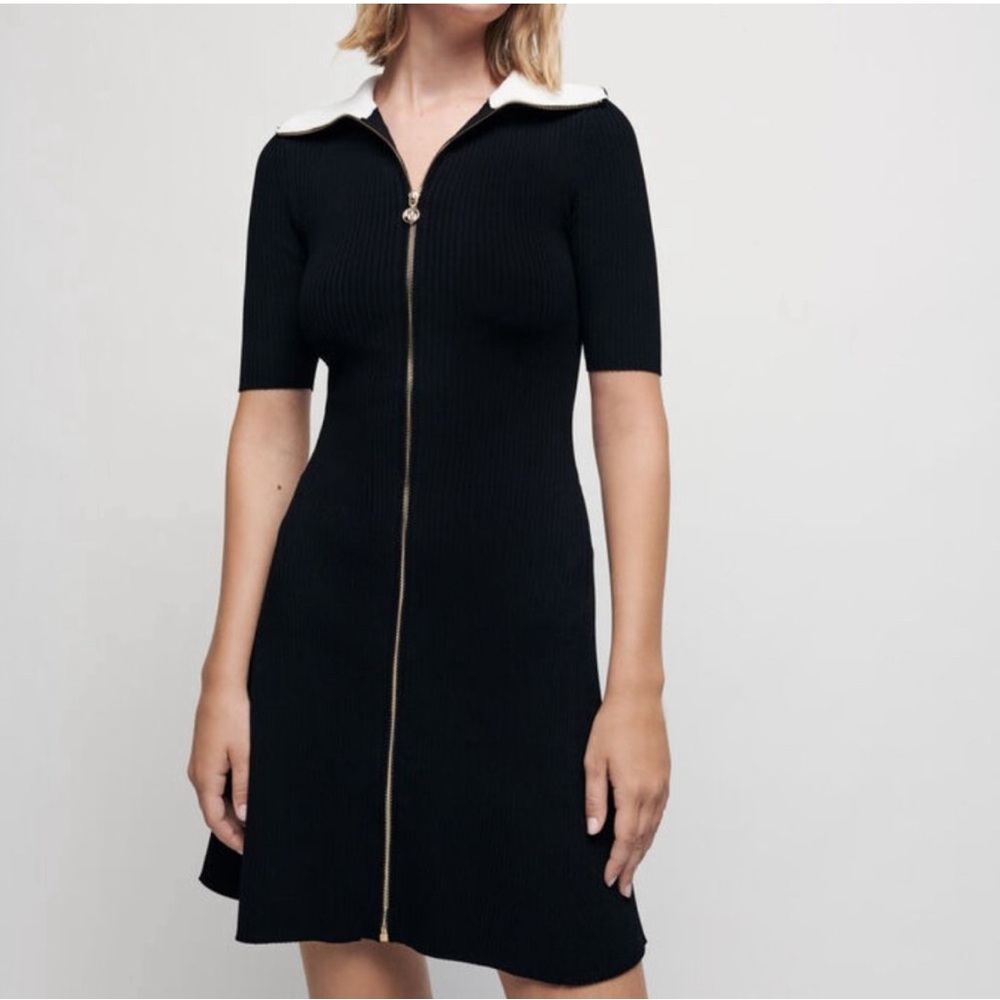 Maje Knit Ribbed Collared Black Dress with Gold Zipper, Size 40
